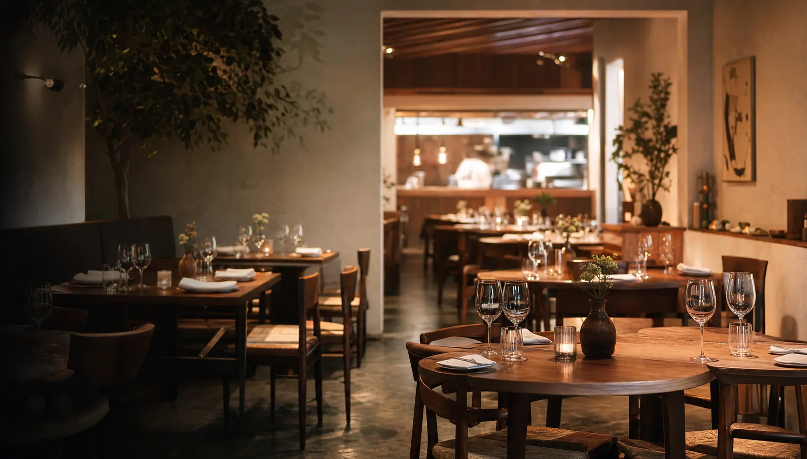 Salle chaleureuse du restaurant fictif Maison Camille à Strasbourg